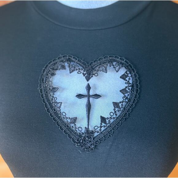 Gothic Lolita EGL Punk Victorian Heart & Cross Black Short Sleeve Tee Top S - Picture 2 of 7